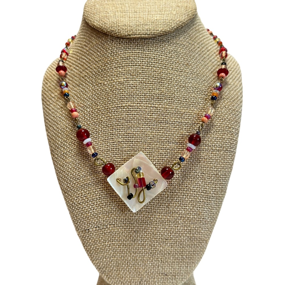 Y2K Artisan Beaded Necklace 18" Multicolor Mother of Pearl Boho
